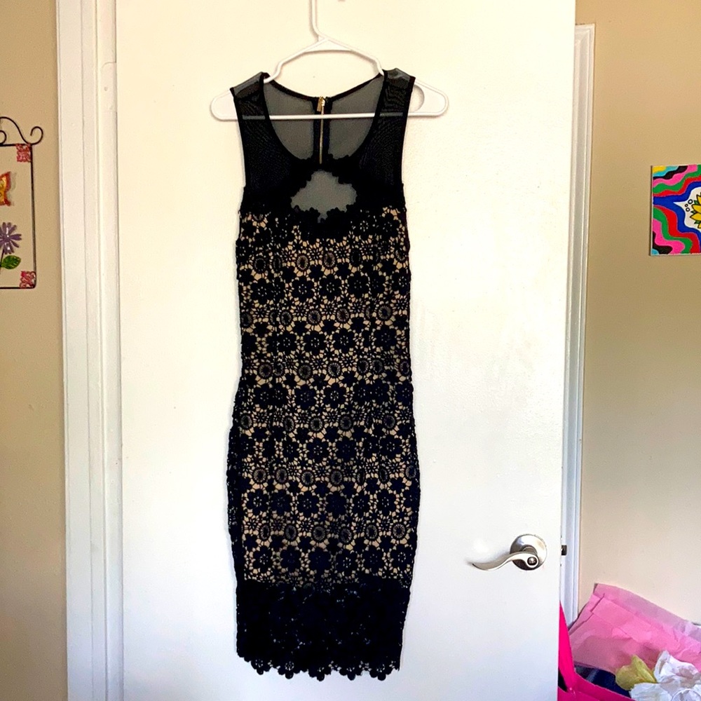 Black lace with tan underlining dress